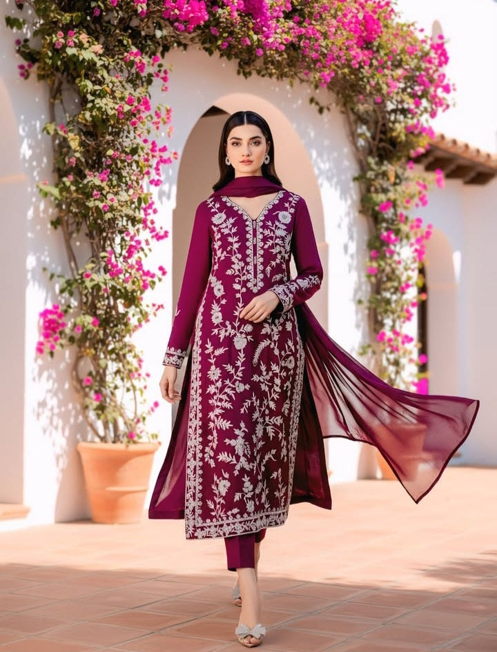 Magenta Embroidered 3Pc
