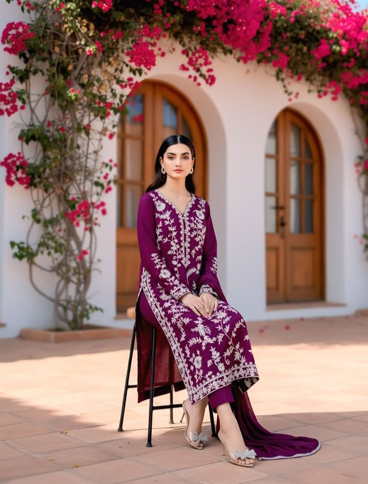 Magenta Embroidered 3Pc